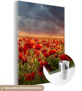 MuchoWow® Glasschilderij 30x40 cm - Schilderij acrylglas - Zonsondergang - Klaprozen - Rood - Bloemen - Veld - Natuur - Foto op glas - Schilderijen