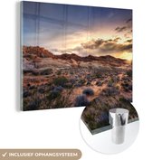 MuchoWow® Glasschilderij 40x30 cm - Schilderij acrylglas - Zonsondergang in de woestijn - Foto op glas - Schilderijen