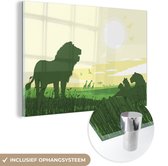 MuchoWow® Glasschilderij 150x100 cm - Schilderij acrylglas - Een groene illustratie van een Afrikaanse safari met verschillende wilde dieren - Foto op glas - Schilderijen