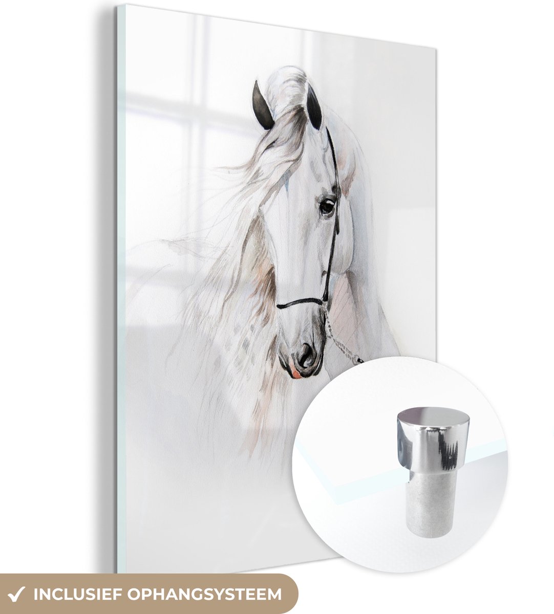 MuchoWow® Glasschilderij 120x160 cm - Schilderij acrylglas - Paard - Waterverf - Dieren - Wit - Foto op glas - Schilderijen