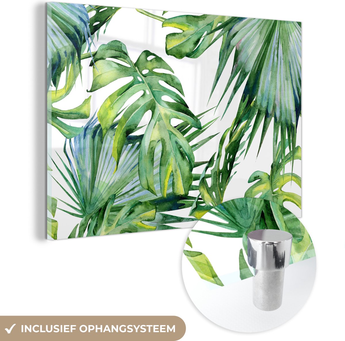 ® Glasschilderij 120x80 cm - Schilderij acrylglas - Monstera - Patroon - Waterverf - Meisjes - Kinderen - Jongens - Kids - Foto op glas - Muurdecoratie woonkamer - Wanddecoratie slaapkamer - Schilderijen