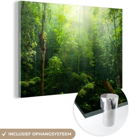 Peinture sur verre MuchoWow® 180x120 cm - Peinture acrylique sur verre - Jungle - Soleil - Vert - Filles - Enfants - Garçons - Photo sur verre - Peintures