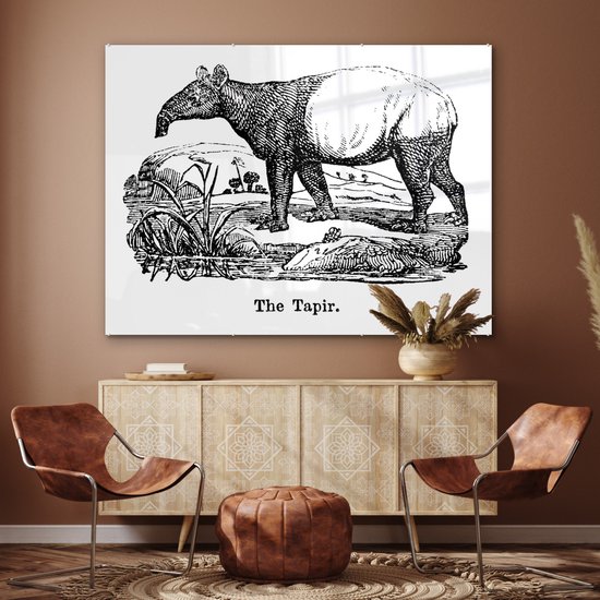 MuchoWow® Peinture sur verre 160x120 cm - Peinture sur verre acrylique - Illustration d'un tapir dans un champ en noir et blanc - Photo sur verre - Peintures