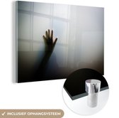 MuchoWow® Glasschilderij 30x20 cm - Schilderij acrylglas - Zwart-wit foto van een hand van een spook - Foto op glas - Schilderijen