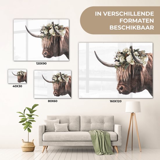 MuchoWow® Glasschilderij 40x30 cm - Schilderij acrylglas - Schotse hooglander - Rozen - Wit - Foto op glas - Schilderijen