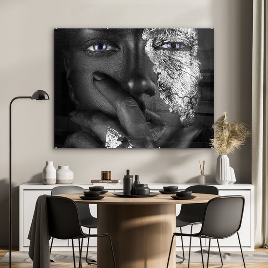 MuchoWow® Peinture sur verre - Femme - Argent - Zwart - Blauw - 120x90 cm - Peintures sur verre acrylique - Photo sur Glas