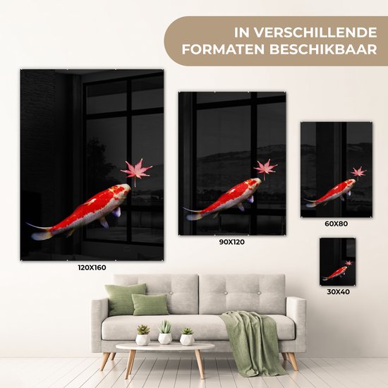 Peinture sur verre - Une carpe koï avec un étang sombre feuille d'érable - 30x40 cm - Peintures sur Verre Peintures - Photo sur Glas