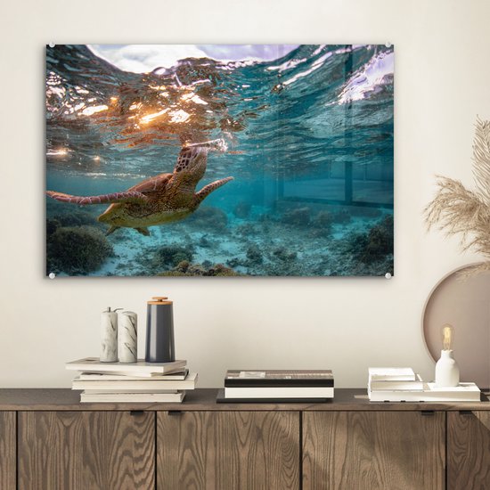 MuchoWow® Peinture sur verre 60x40 cm - Peinture sur verre acrylique - Mer - Tortue - Couleurs - Photo sur verre - Peintures