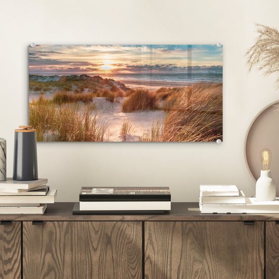 Peinture sur verre - Feuille acrylique - Plage - Mer - Dune - Photo sur verre - Peinture sur verre - Décoration murale - 40x20 cm - Verre acrylique - Peintures de salon