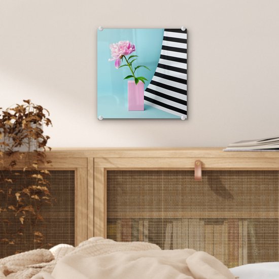 MuchoWow® Peinture sur verre 20x20 cm - Peinture sur verre acrylique - Pivoine rose sur fond bleu - Photo sur verre - Peintures