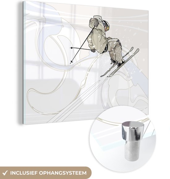 MuchoWow® Glasschilderij 40x30 cm - Schilderij acrylglas - Een skiër maakt bochtjes door de sneeuw in een illustratie - Foto op glas - Schilderijen