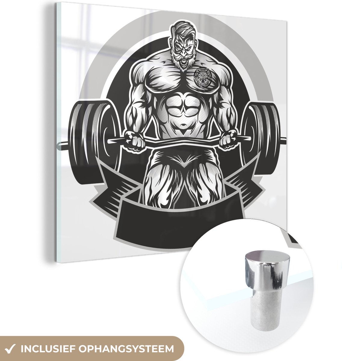 ® Glasschilderij 20x20 cm - Schilderij acrylglas - Een illustratie van een bodybuilder met een halter - Foto op glas - Muurdecoratie woonkamer - Wanddecoratie slaapkamer - Schilderijen