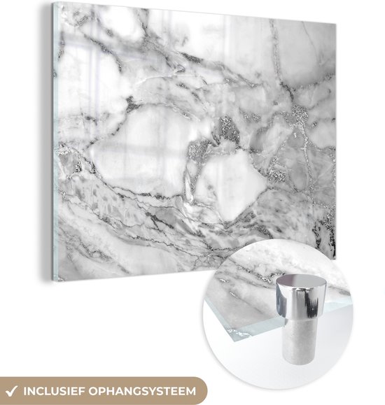 MuchoWow® Peinture sur verre 120x90 cm - Peinture sur verre acrylique - Marbre - Grijs - Wit - Structure - Photo sur verre - Peintures