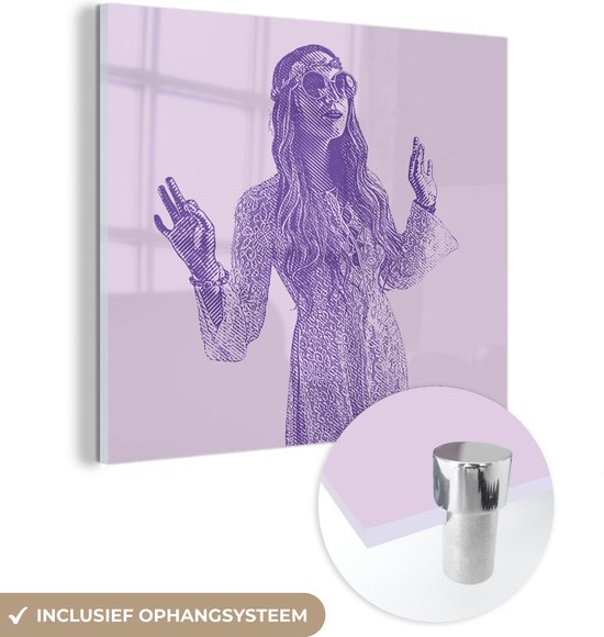 MuchoWow® Peinture sur verre 90x90 cm - Peinture sur verre - Illustration d'une jeune femme hippie - Photo sur verre acrylique - Peintures