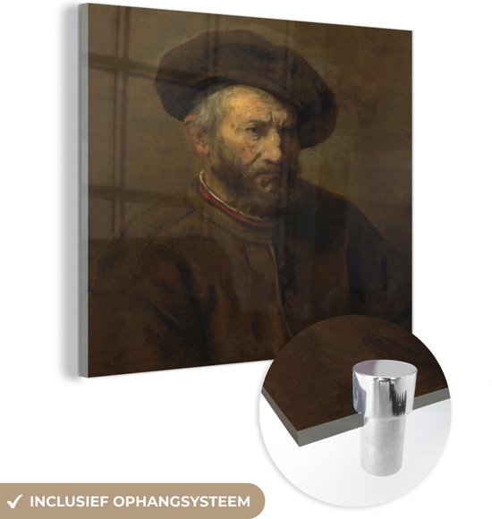 MuchoWow® Glasschilderij 90x90 cm - Schilderij acrylglas - Zelfportret - Schilderij van Rembrandt van Rijn - Foto op glas - Schilderijen
