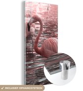 MuchoWow® Glasschilderij 40x80 cm - Schilderij acrylglas - Een groep flamingo's staat in het water - Foto op glas - Schilderijen