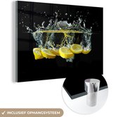 MuchoWow® Glasschilderij 60x40 cm - Schilderij acrylglas - Citroen - Fruit - Geel - Stilleven - Water - Foto op glas - Schilderijen
