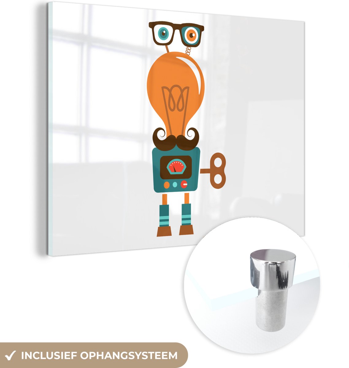 MuchoWow® Glasschilderij 40x30 cm - Schilderij acrylglas - Robot - Bril - Gloeilamp - Snor