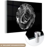 MuchoWow® Glasschilderij 30x20 cm - Schilderij acrylglas - Bloemen - Roos - Zwart - Wit - Botanisch - Foto op glas - Schilderijen