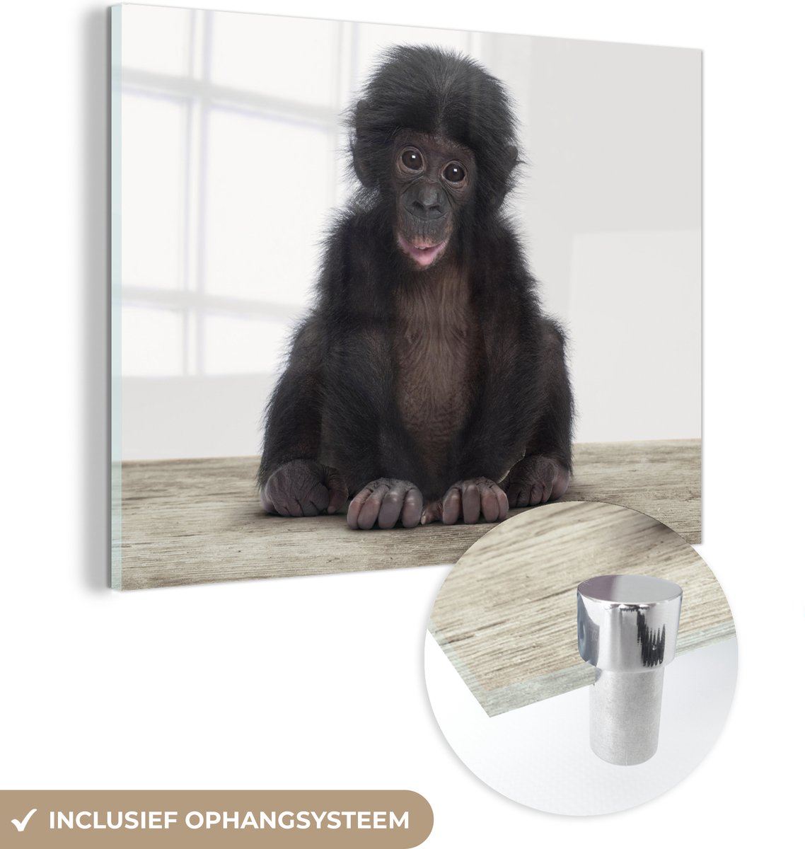 MuchoWow® Glasschilderij 80x60 cm - Schilderij acrylglas - Kind - Aap - Chimpansee - Baby dieren - Jongens - Meiden - Foto op glas - Schilderijen