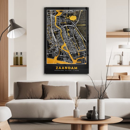 MuchoWow® Peinture sur verre 60x90 cm - Peinture acrylique sur verre - Plan - Zaandam - Or - Zwart - Photo sur verre - Peintures - Plan de ville