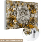 MuchoWow® Glasschilderij 120x80 cm - Schilderij acrylglas - Leeuw - Bloemen - Krant - Foto op glas - Schilderijen