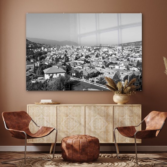 MuchoWow® Peinture sur verre 150x100 cm - Peinture sur verre acrylique - Toits traditionnels de Sarajevo en Bosnie-Herzégovine - noir et blanc - Photo sur verre - Peintures