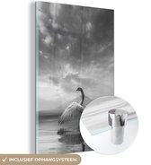 MuchoWow® Glasschilderij 60x90 cm - Schilderij acrylglas - Opstijgende zwaan - zwart wit - Foto op glas - Schilderijen