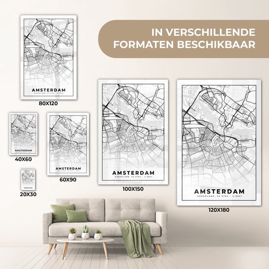 MuchoWow® Peinture sur Verre - Carte - Amsterdam - Zwart - Wit - 80x120 cm - Peintures sur Verre Peintures - Photo sur Glas