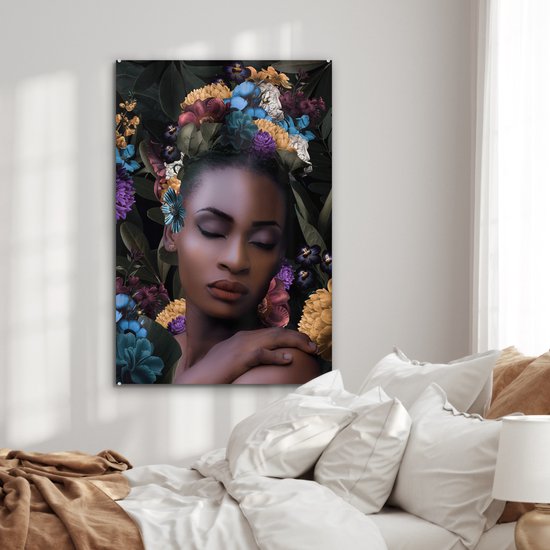 Peinture sur verre - Fleurs - Feuilles - Femmes - 60x90 cm - Peintures Plexiglas