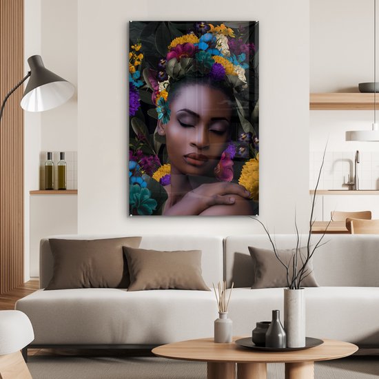 Peinture sur verre - Feuilles - Femme - Fleurs - 60x90 cm - Peintures Plexiglas