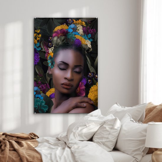 Peinture sur verre - Feuilles - Femme - Fleurs - 60x90 cm - Peintures Plexiglas