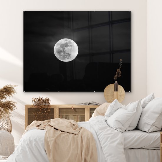 MuchoWow® Peinture sur verre 160x120 cm - Peinture sur verre acrylique - Pleine lune dans le ciel nocturne - noir et blanc - Photo sur verre - Peintures