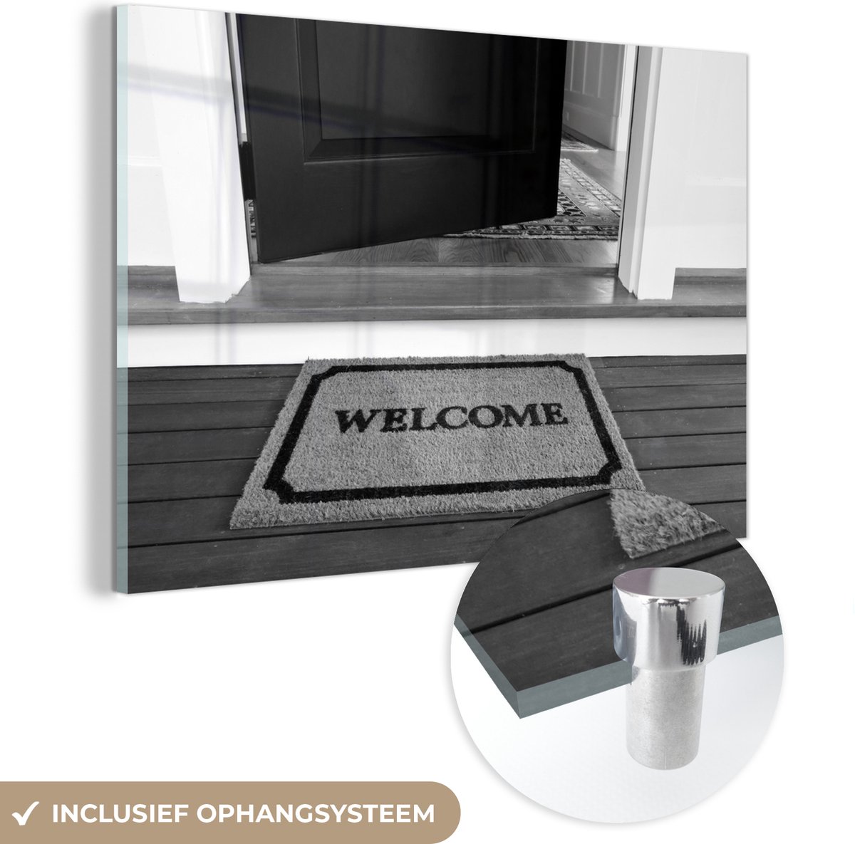 ® Glasschilderij 150x100 cm - Schilderij acrylglas - Een uitnodigende mat en voordeur naar