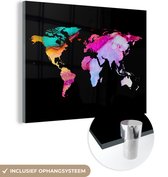 MuchoWow® Glasschilderij 40x30 cm - Schilderij acrylglas - Wereldkaart - Regenboog - Zwart - Foto op glas - Schilderijen