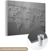 MuchoWow® Glasschilderij 60x40 cm - Schilderij acrylglas - Witte wereldkaart met punten en lijnen - zwart wit - Foto op glas - Schilderijen