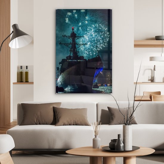 MuchoWow® Peinture sur Verre - Bateau - Feux d'Artifice - Ciel - 80x120 cm - Peintures sur Verre Peintures - Photo sur Glas