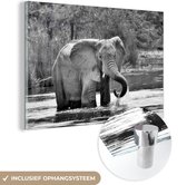 MuchoWow® Glasschilderij 180x120 cm - Schilderij acrylglas - Badderende olifant - zwart wit - Foto op glas - Schilderijen