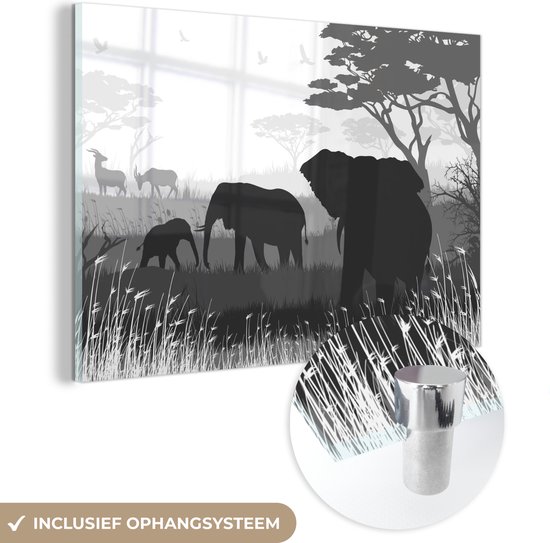 MuchoWow® Peinture sur Verre - Illustration d'Éléphants d'Afrique avec Antilopes - Noir et Blanc - 120x80 cm - Peintures sur Verre Acrylique - Photo sur Glas