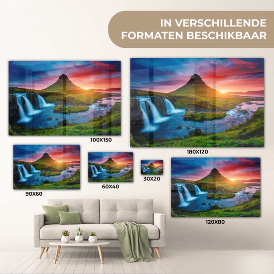 Peinture sur verre - Photo sur verre - Cascade - Islande - Coucher de soleil - Berg - Verre acrylique - Peinture sur verre nature - Peinture sur verre - 120x80 cm - Décoration murale - Décoration Décoration murale