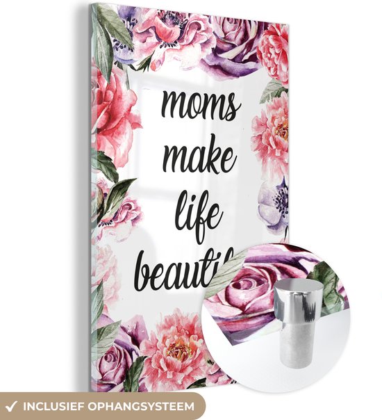 Canvas - Moederdag quote 'Moms make life beautiful' met rozen - 20x30 cm
