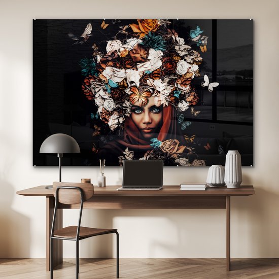 MuchoWow® Peinture sur Verre - Fleurs - Papillon - Femmes - Foulard - 180x120 cm - Peintures sur Verre Acrylique - Photo sur Glas