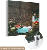 MuchoWow® Glasschilderij 90x90 cm - Schilderij acrylglas - Rustiek - Fruit - Keukengerei - Aardbei - Foto op glas - Schilderijen