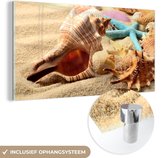 Glasschilderij - Foto op glas - Strand - Zee - Zeesterren - Schelpen - Glasplaat - Wanddecoratie - Acrylglas - Glasschilderij strand - Acrylplaat - 160x80 cm - Muurdecoratie - Schilderijen woonkamer
