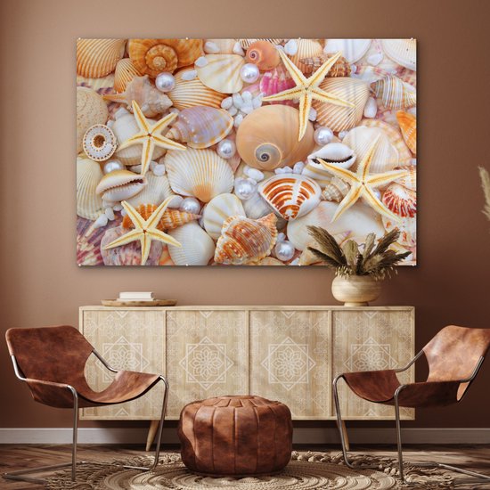 Peinture sur verre - Photo sur verre - Coquillage - Perles - Étoile de mer - Décoration murale - 150x100 cm - Peinture sur verre - Décoration murale - Photo sur verre - Peinture sur verre plage - Verre acrylique