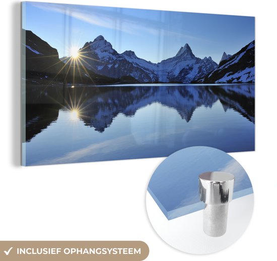 MuchoWow® Glasschilderij 120x60 cm - Schilderij acrylglas - Alpen - Berg - Water - Sneeuw - Foto op glas - Schilderijen