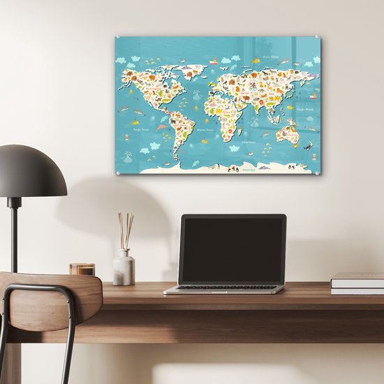 Peinture sur Verre - Carte du Wereldkaart - Enfants - Couleurs - Animaux - 60x40 cm - Peintures sur Verre Peintures - Photo sur Glas