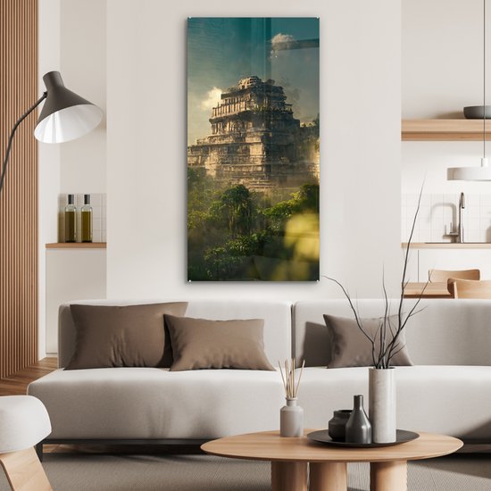MuchoWow - Peinture sur verre - Photo sur verre - Jungle - Temple - Ciel - Nuages ​​- Vert - Peinture sur verre - Verre acrylique - Décoration de chambre - 60x120 cm - Décoration murale murale - Peintures de salon