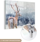 MuchoWow® Glasschilderij 40x30 cm - Schilderij acrylglas - Hert - Sneeuw - Dier - Foto op glas - Schilderijen