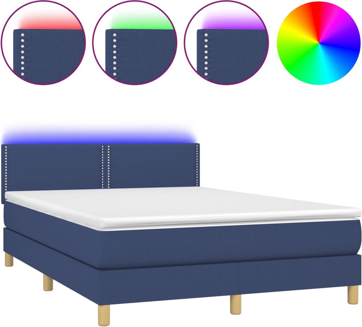 vidaXL - Boxspring - met - matras - en - LED - stof - blauw - 140x190 - cm